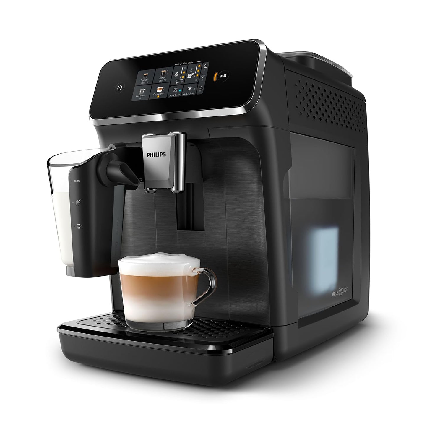 PHILIPS 2300 Series Fully Automatic Espresso Machine - 4 Beverages, Modern color touch screen display, LatteGo milk system, SilentBrew, 100% Ceramic Grinder, AquaClean Filter. Matte Black (EP2330/10)