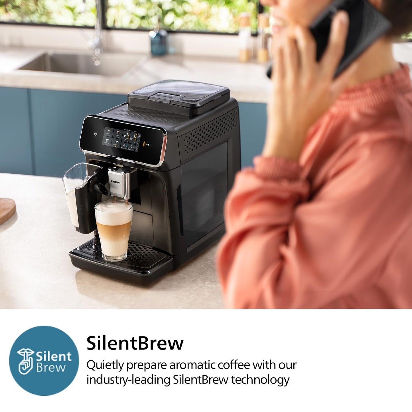 PHILIPS 2300 Series Fully Automatic Espresso Machine - 4 Beverages, Modern color touch screen display, LatteGo milk system, SilentBrew, 100% Ceramic Grinder, AquaClean Filter. Matte Black (EP2330/10)